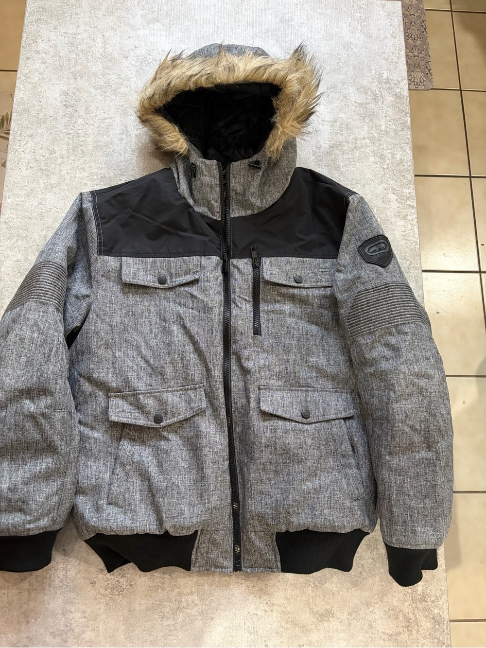 Ecko Unlimited Gray Hooded Puffer Jacket with Faux Fur Trim